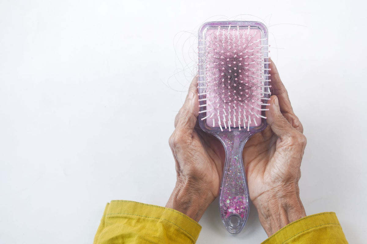 Brosse à cheveux retenant des mèches tombées, illustrant la chute de cheveux saisonnière